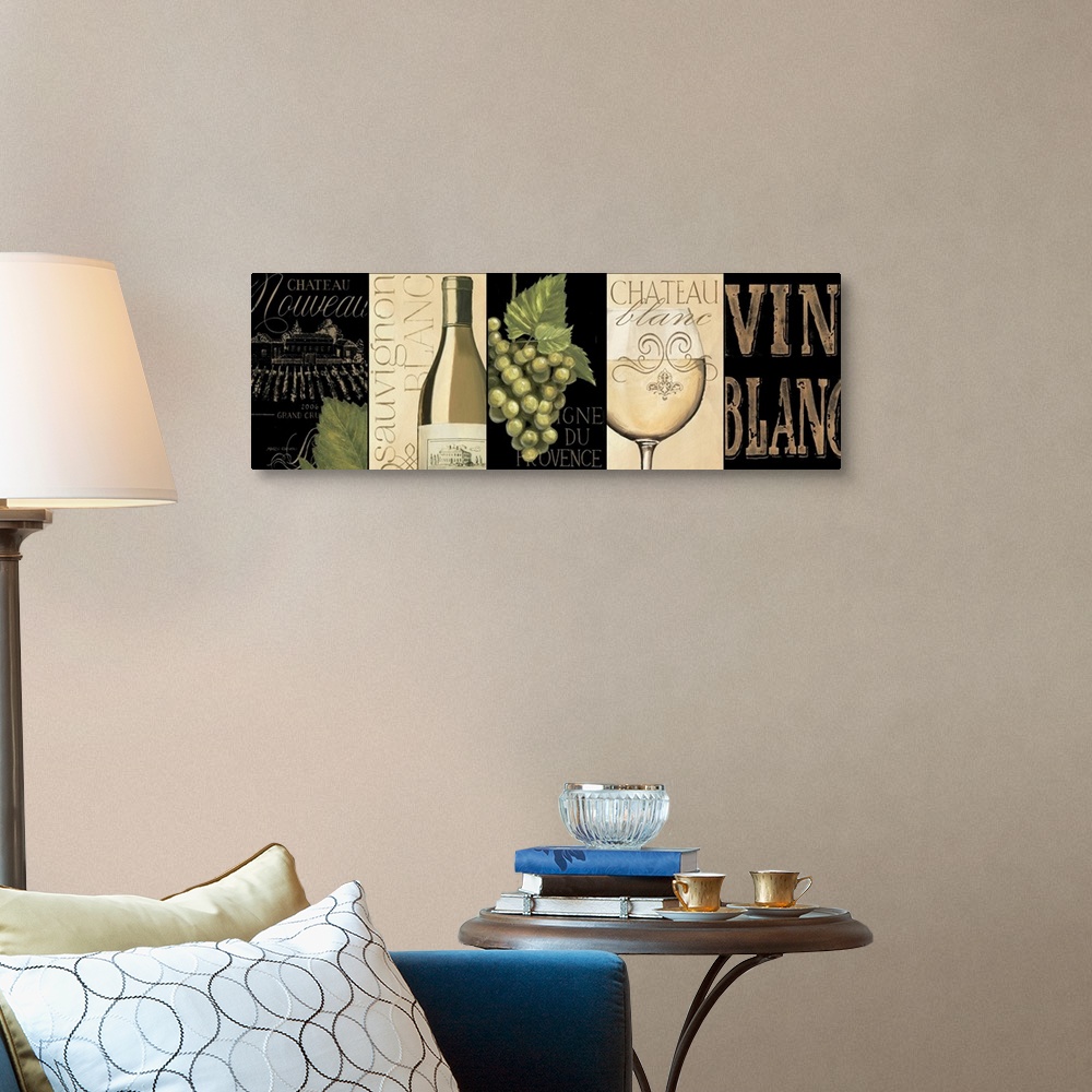 A traditional room featuring Giant, horizontal home art docor of five, pieced together, wine related images in similar color p...