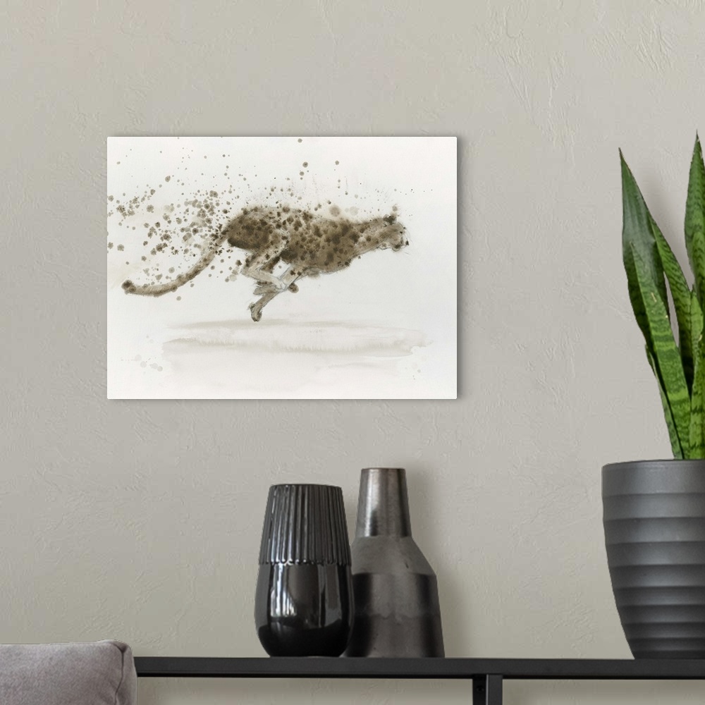A modern room featuring Contemporary artwork of a cheetah running with spots from coat coming off.