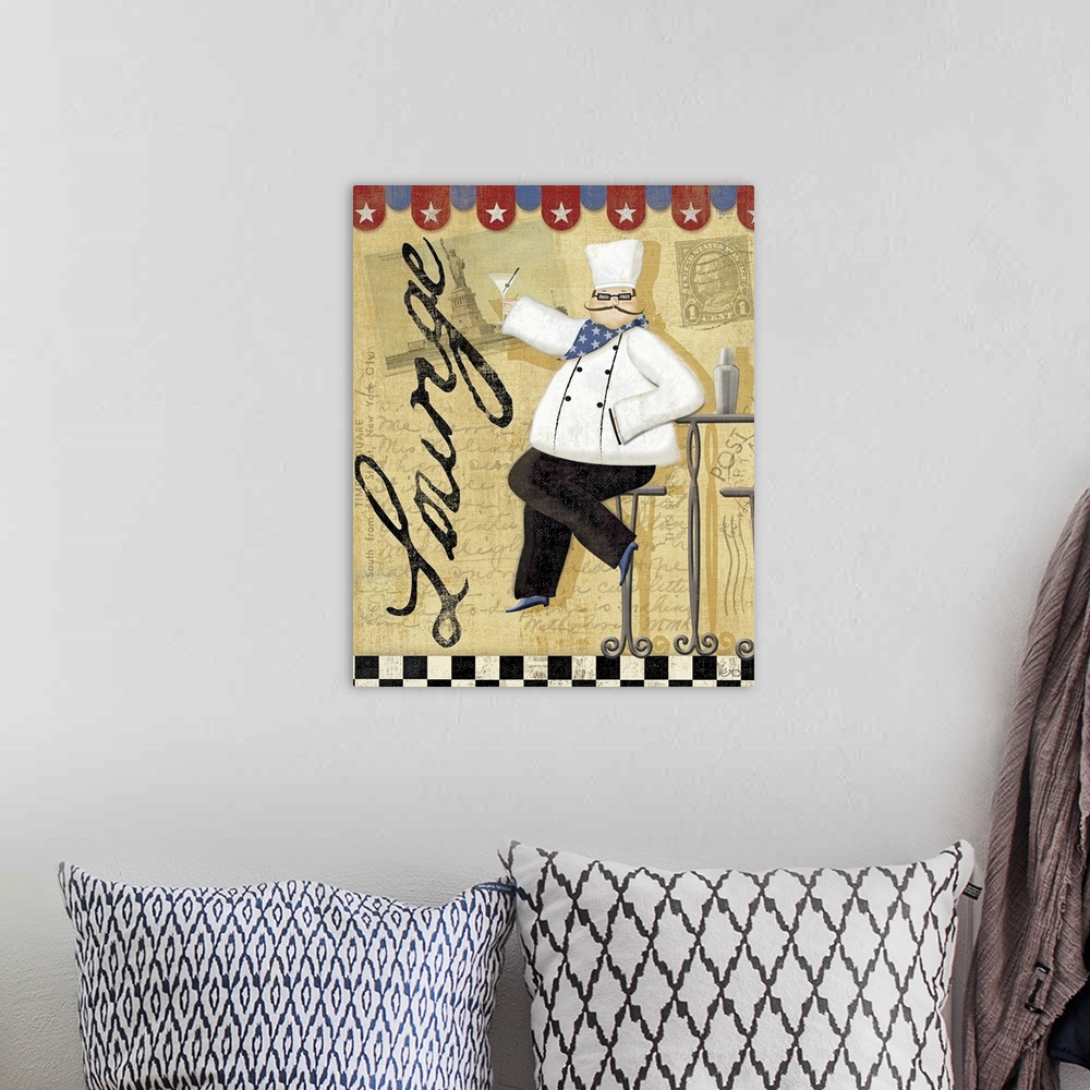 A bohemian room featuring Canvas painting of a chef sitting in a chair holding a wine glass in a restaurant.