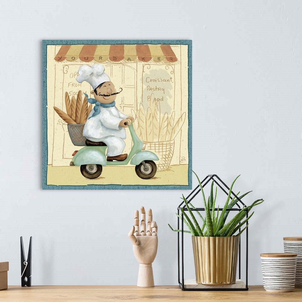 A bohemian room featuring Decorative artwork perfect for the kitchen of a chef riding a moped with a basket of bread on the...
