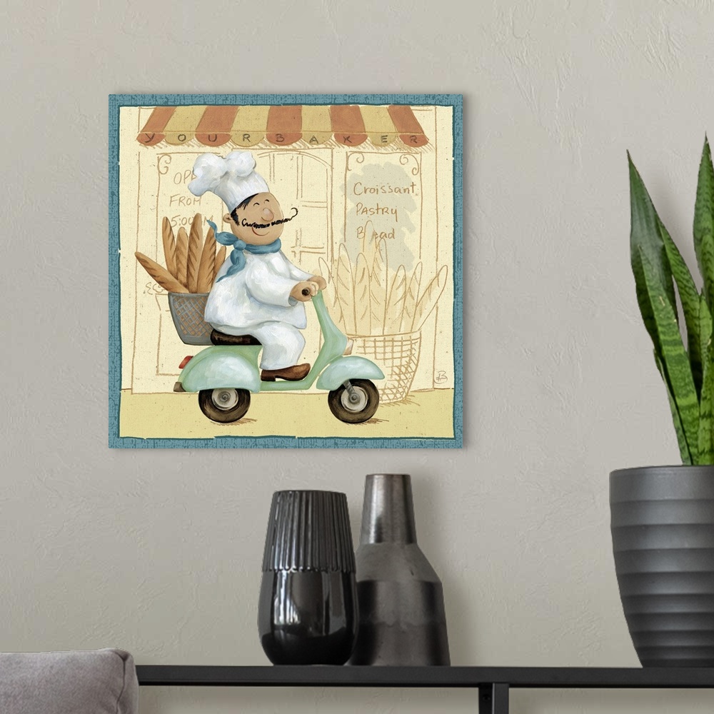 A modern room featuring Decorative artwork perfect for the kitchen of a chef riding a moped with a basket of bread on the...