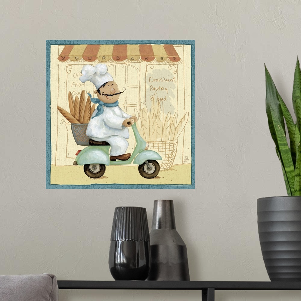 A modern room featuring Decorative artwork perfect for the kitchen of a chef riding a moped with a basket of bread on the...