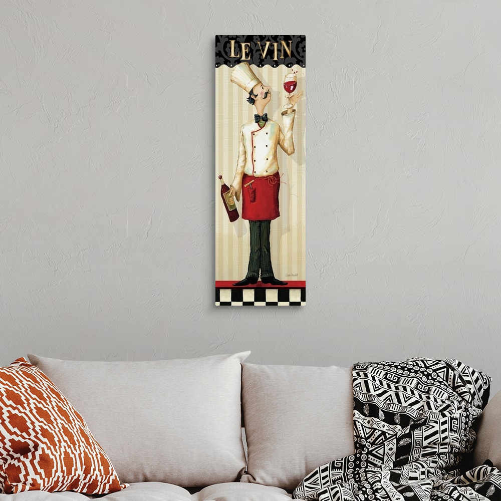 A bohemian room featuring Artwork perfect for the kitchen that is a vertical print showing a chef holding a bottle of wine ...
