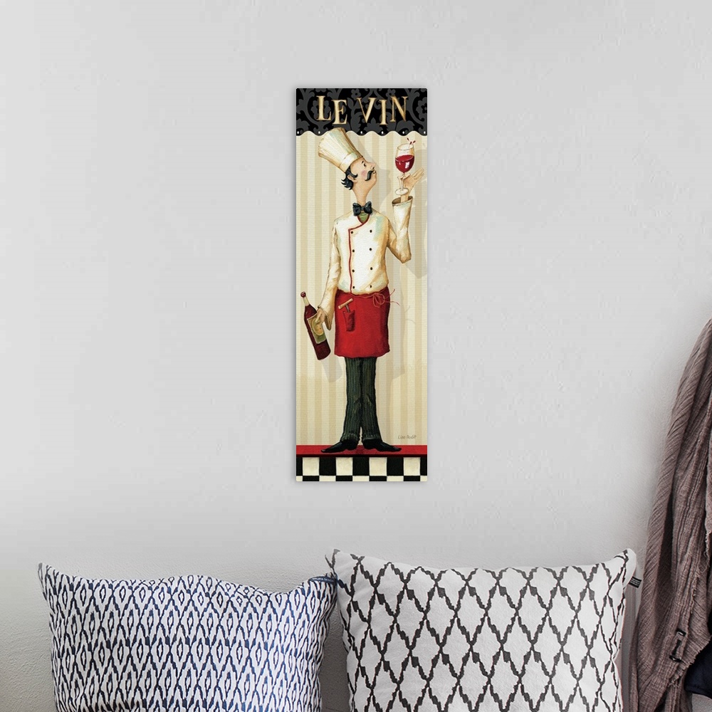 A bohemian room featuring Artwork perfect for the kitchen that is a vertical print showing a chef holding a bottle of wine ...