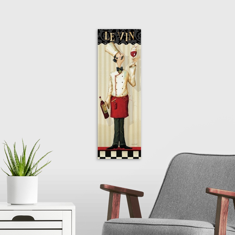A modern room featuring Artwork perfect for the kitchen that is a vertical print showing a chef holding a bottle of wine ...