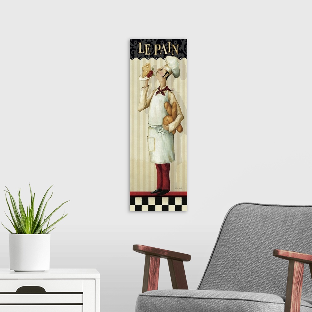 A modern room featuring This vertical decorative accent for the kitchen or boutique shows a chef standing against a strip...