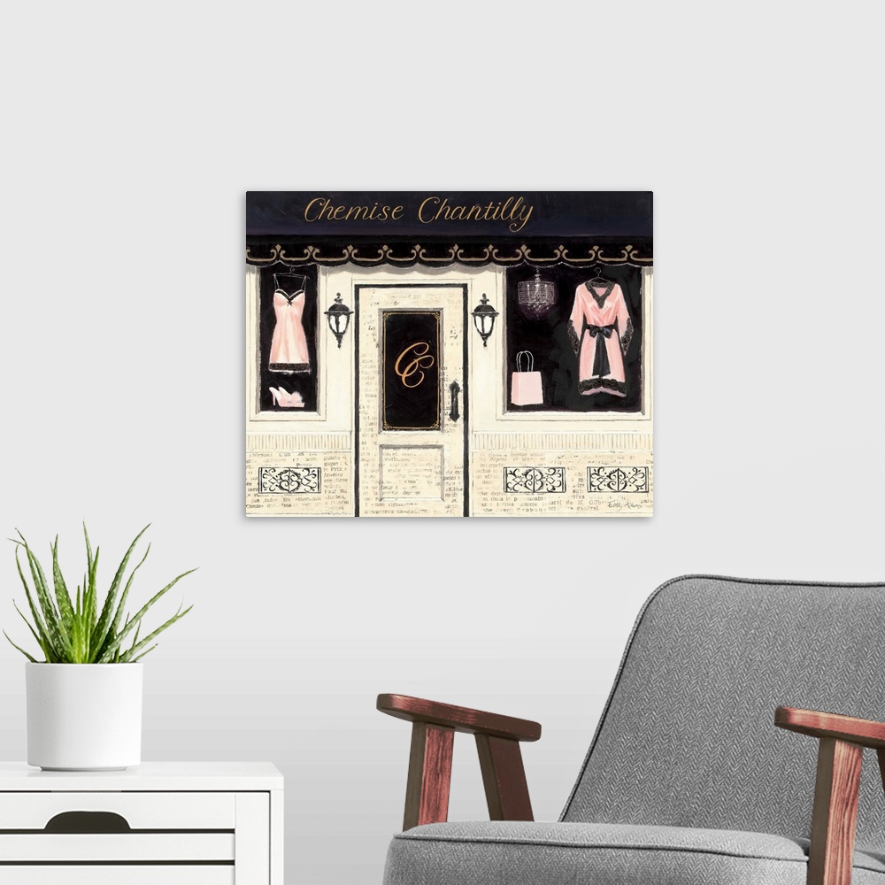 A modern room featuring Contemporary artwork of a store front window, displaying lingerie.
