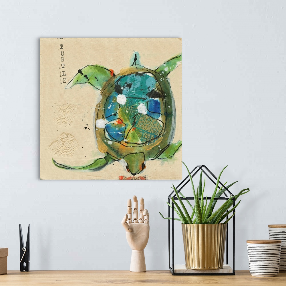 A bohemian room featuring Square abstract painting of a turtle with designs on its shell and the word "Turtle" stamped on t...