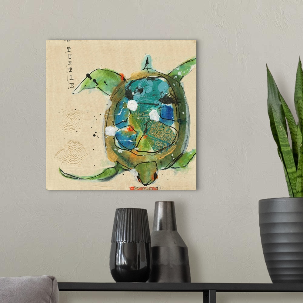 A modern room featuring Square abstract painting of a turtle with designs on its shell and the word "Turtle" stamped on t...
