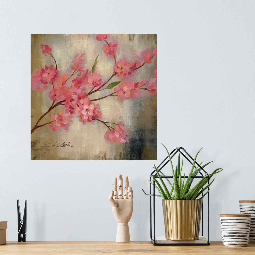 A bohemian room featuring Large, square decorative painting of a cherry blossom branch in bloom, on a neutral background of...