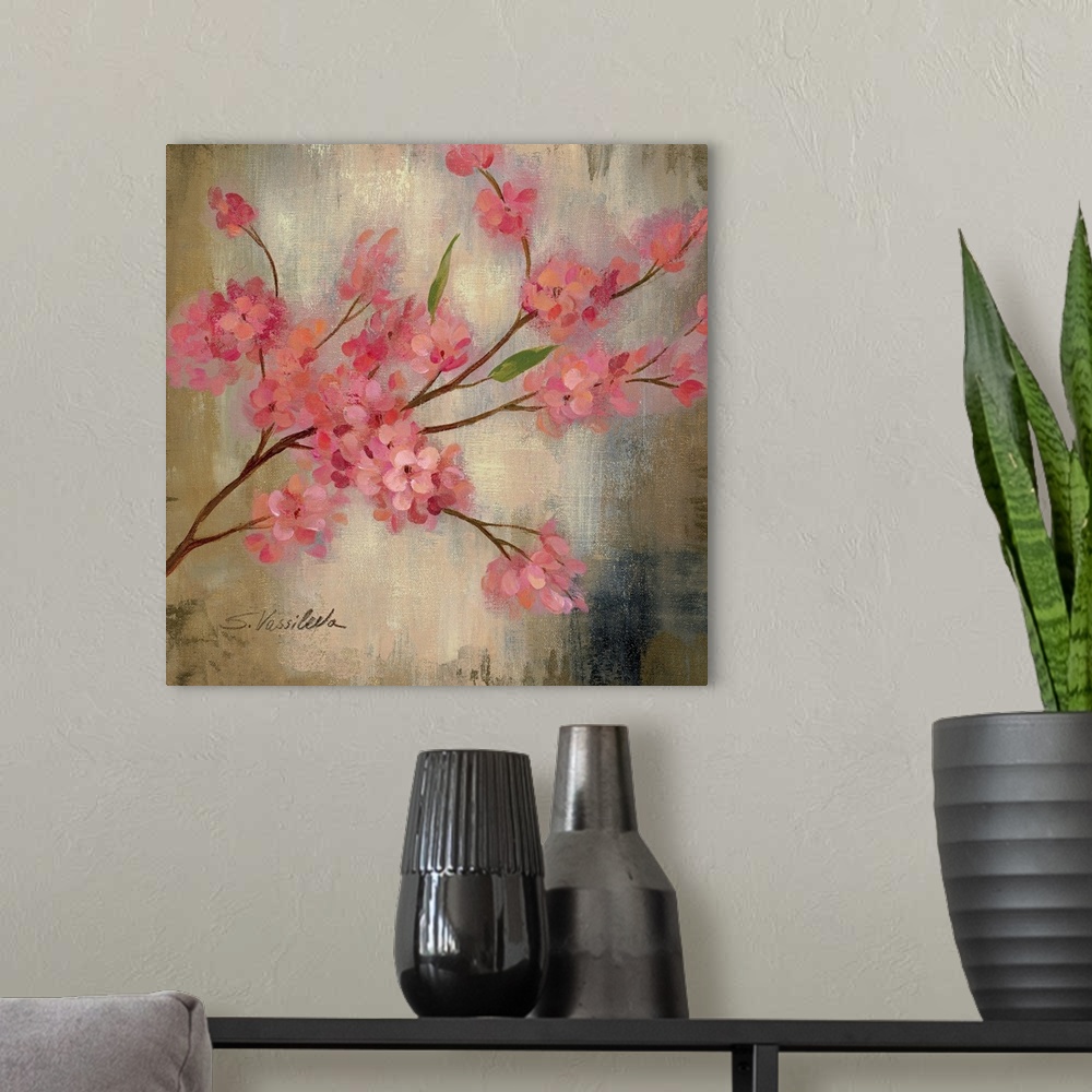 A modern room featuring Large, square decorative painting of a cherry blossom branch in bloom, on a neutral background of...