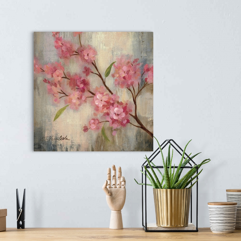 A bohemian room featuring Contemporary painting of pink flowers on a branch, against a weathered and washed background.