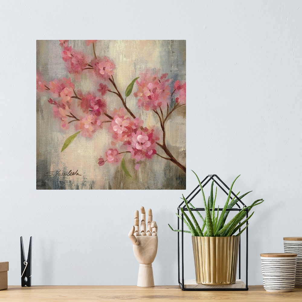 A bohemian room featuring Contemporary painting of pink flowers on a branch, against a weathered and washed background.