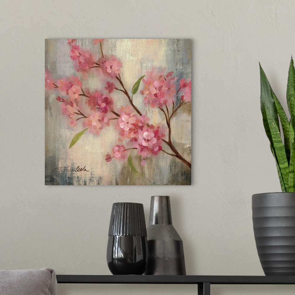A modern room featuring Contemporary painting of pink flowers on a branch, against a weathered and washed background.