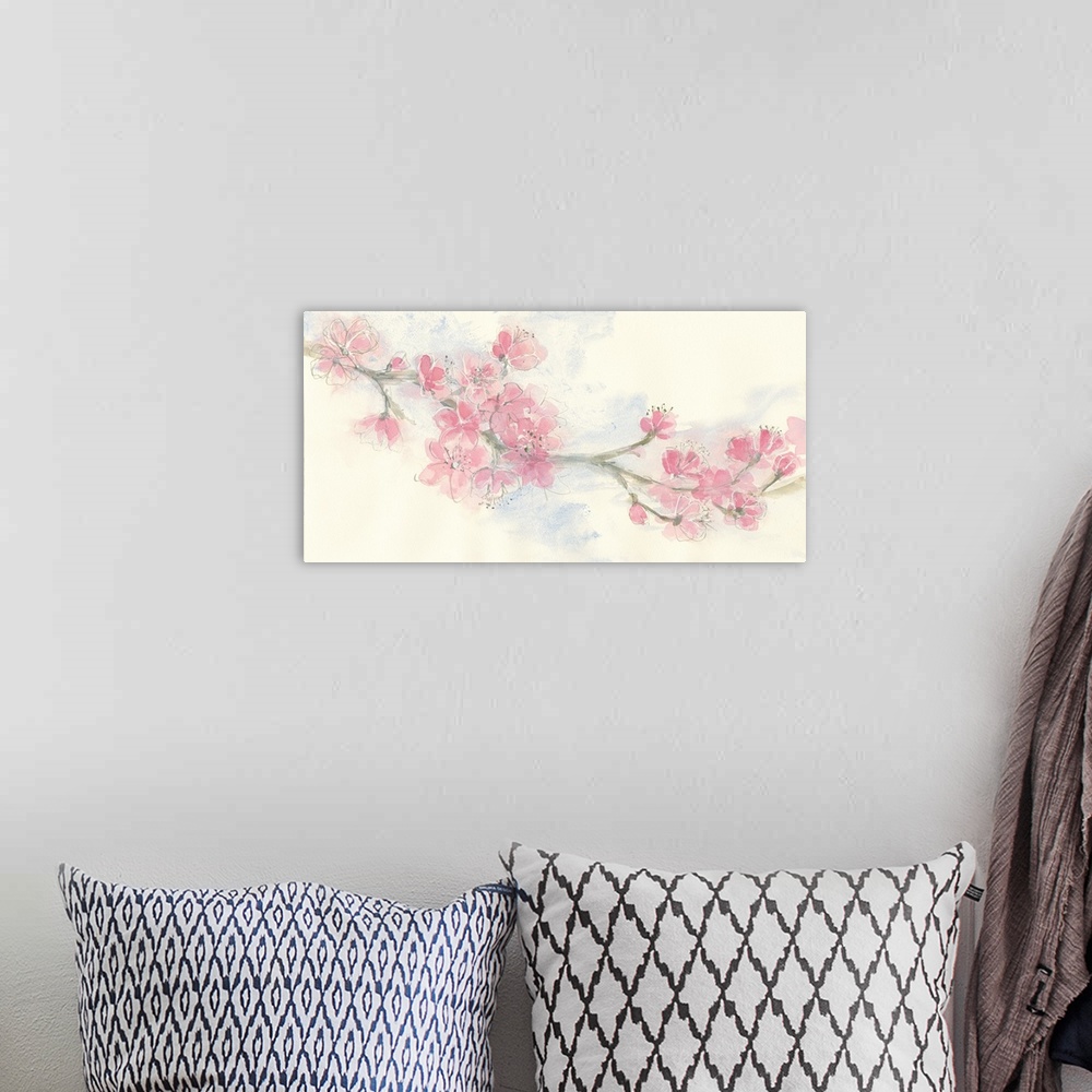 A bohemian room featuring Contemporary artwork of a branch with blooming pink flowers.