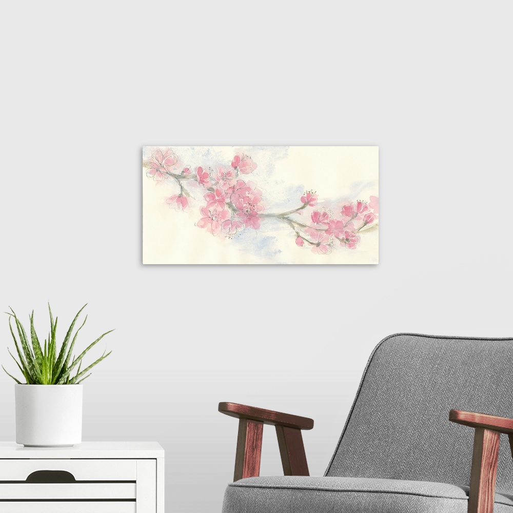 A modern room featuring Contemporary artwork of a branch with blooming pink flowers.