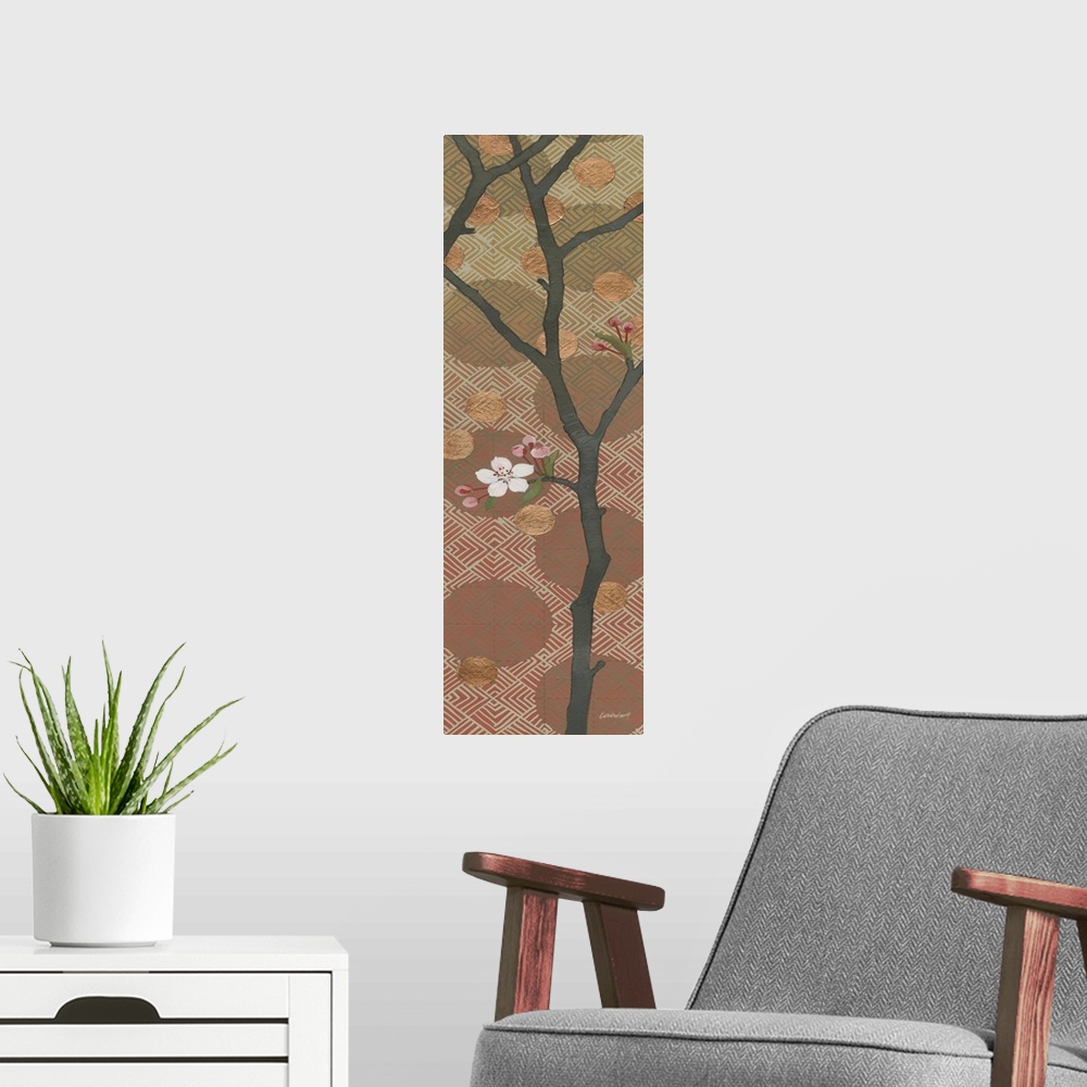 A modern room featuring Cherry Blossoms Panel II One Blossom