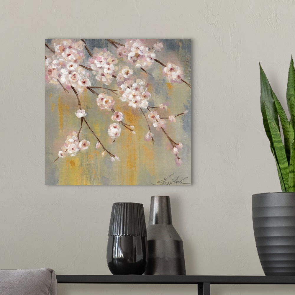 A modern room featuring Contemporary painting of branches with pink cherry blossoms.