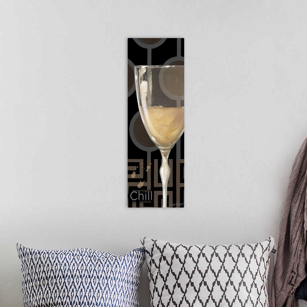 A bohemian room featuring Contemporary artwork perfect for the kitchen of a wine glass that is painted in front of a patter...