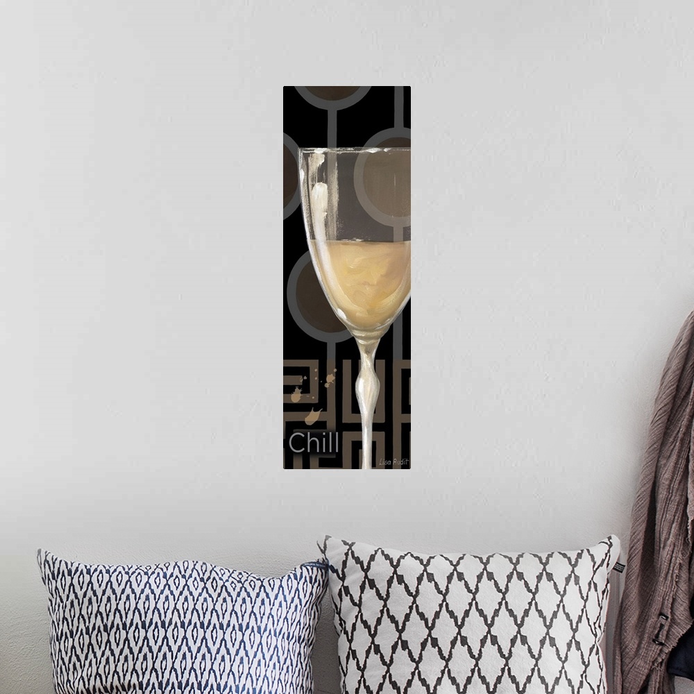 A bohemian room featuring Contemporary artwork perfect for the kitchen of a wine glass that is painted in front of a patter...