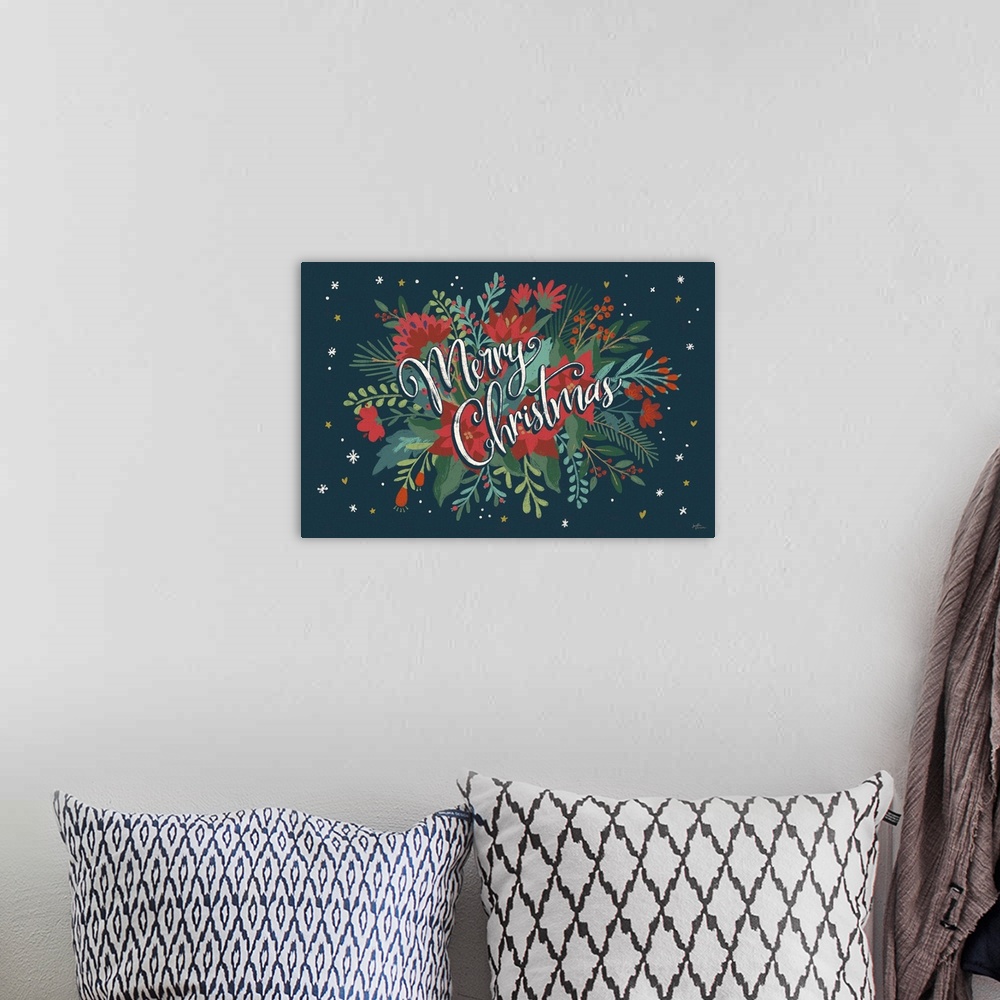 A bohemian room featuring Decorative artwork of red flowers and leaves with the text "Merry Christmas" on a dark navy backg...