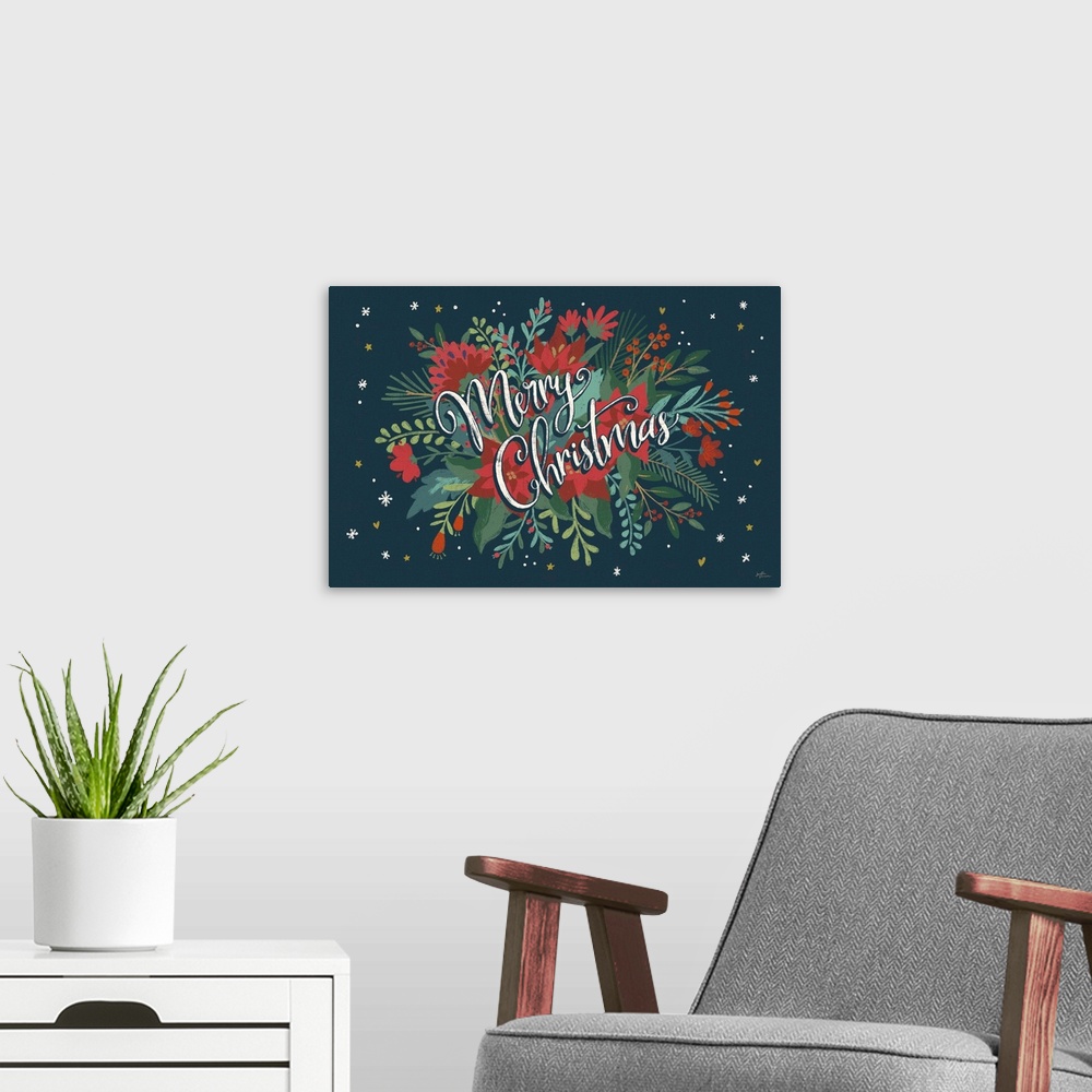 A modern room featuring Decorative artwork of red flowers and leaves with the text "Merry Christmas" on a dark navy backg...