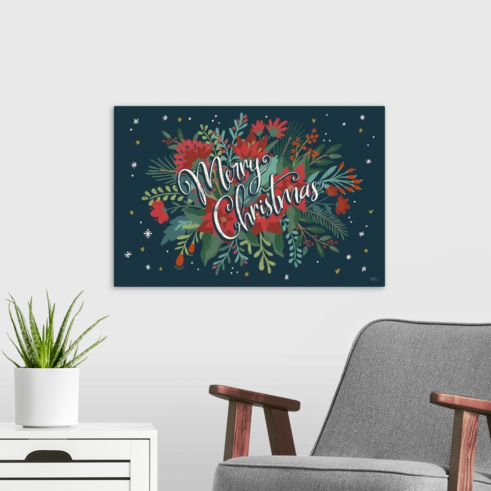 A modern room featuring Decorative artwork of red flowers and leaves with the text "Merry Christmas" on a dark navy backg...