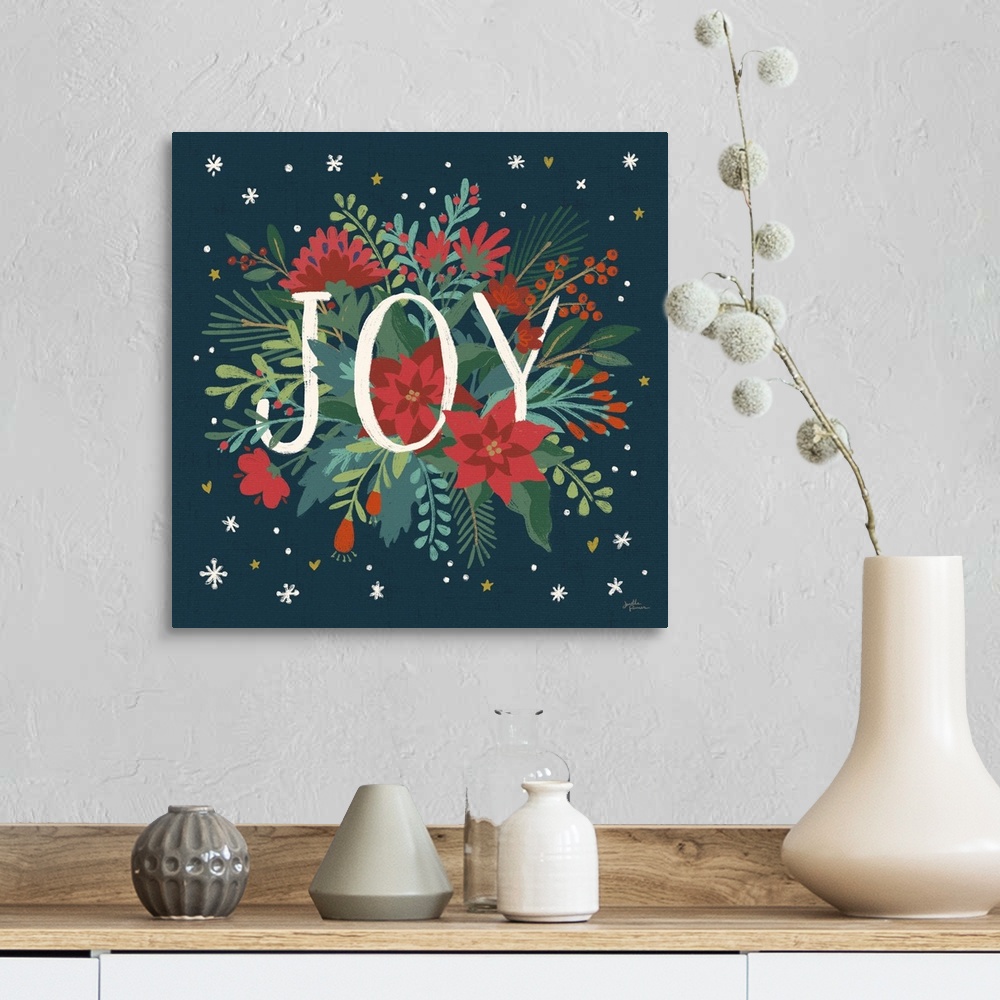 A farmhouse room featuring Decorative artwork of red flowers and leaves with the text "Joyy" on a dark navy background.