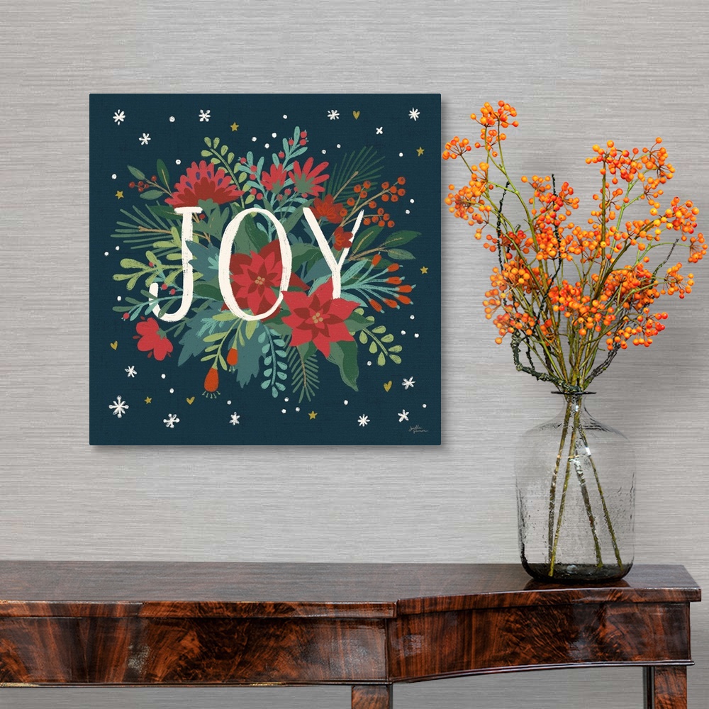 A traditional room featuring Decorative artwork of red flowers and leaves with the text "Joyy" on a dark navy background.