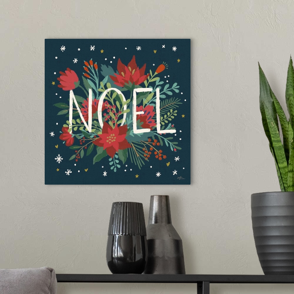 A modern room featuring Decorative artwork of red flowers and leaves with the text "Noel" on a dark navy background.