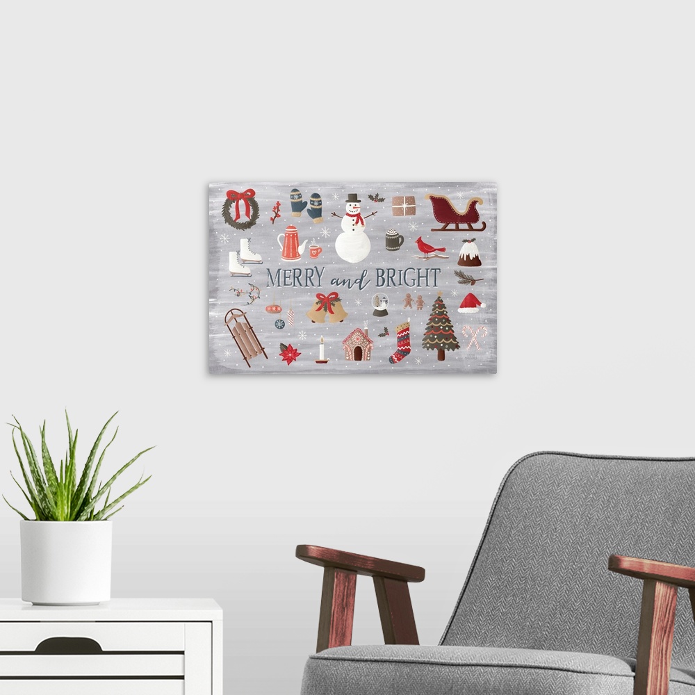 A modern room featuring Decorative artwork of varies Christmas themed items such as a wreath, stockings and ornaments wit...