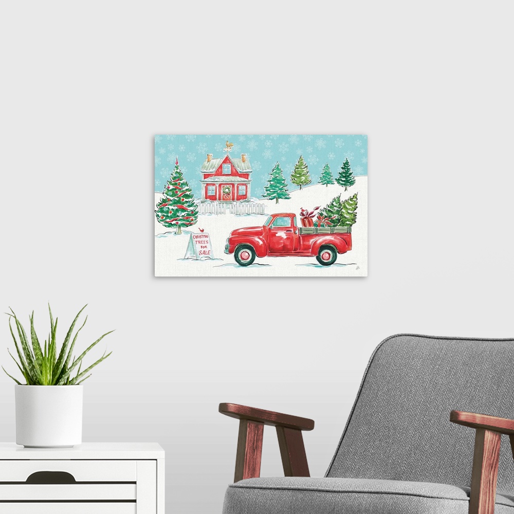 A modern room featuring A decorative holiday scene of a vintage truck carrying Christmas trees at a tree farm covered in ...