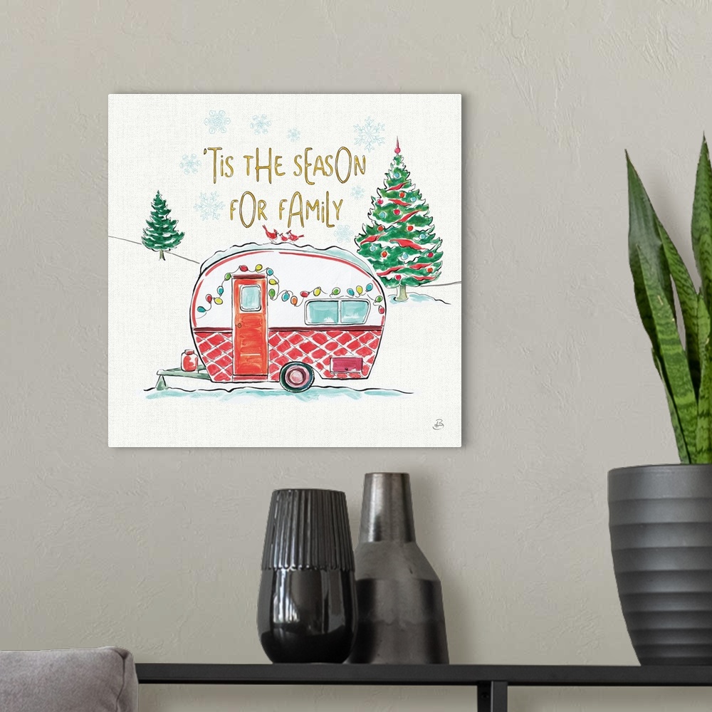 A modern room featuring Decorative Christmas themed artwork with the phrase "'Tis the season for family" written above an...