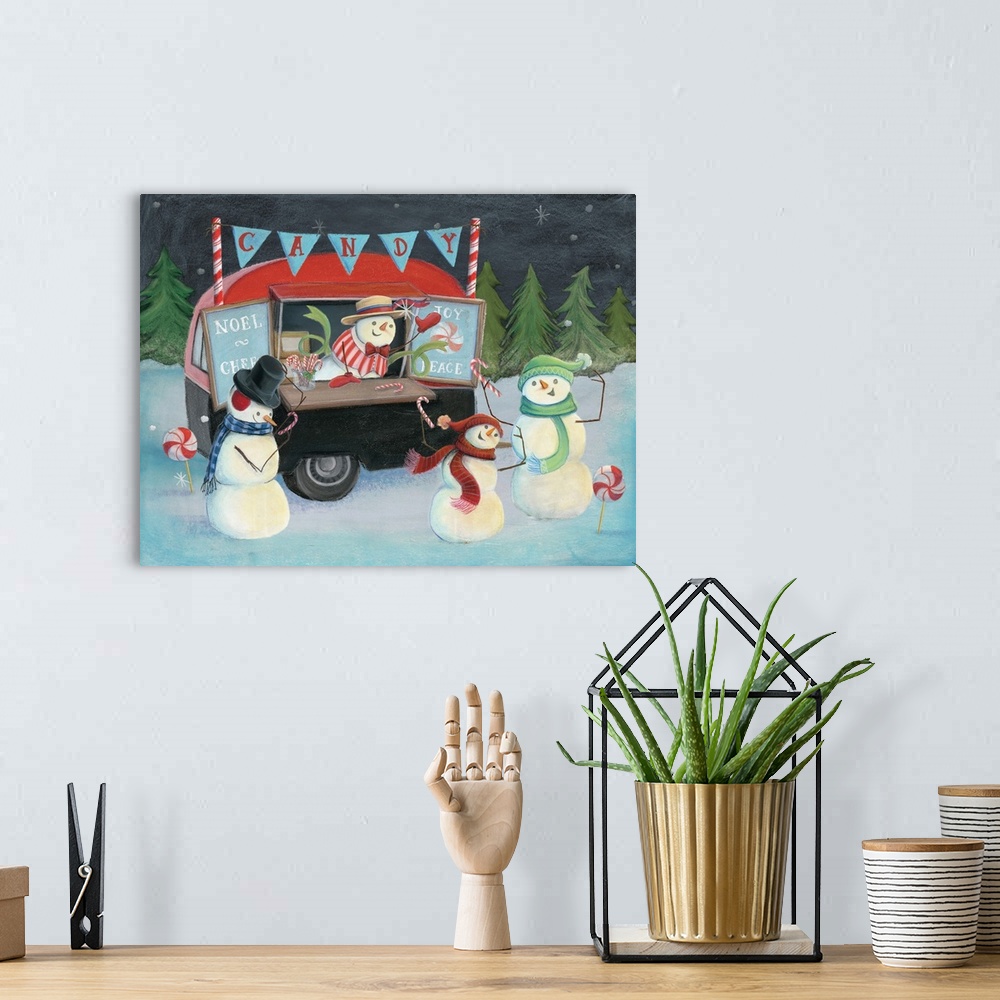 A bohemian room featuring A delightful design of snowmen receiving candy canes from a candy food truck.