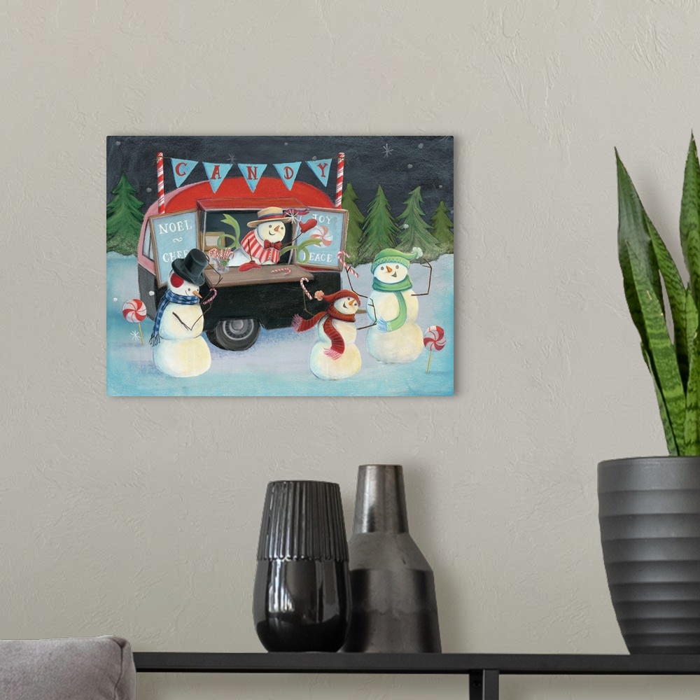 A modern room featuring A delightful design of snowmen receiving candy canes from a candy food truck.