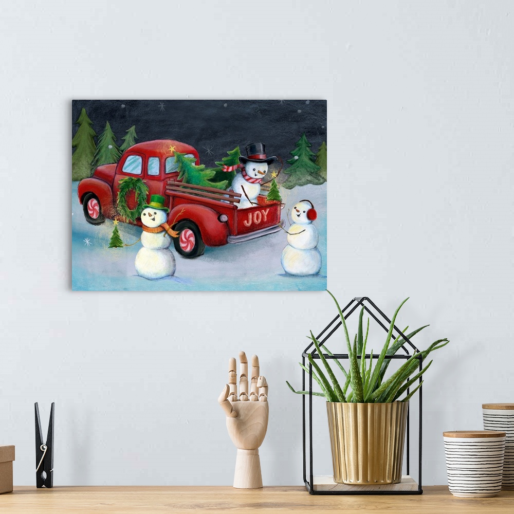 A bohemian room featuring A delightful design of snowmen getting Christmas trees from a truck.