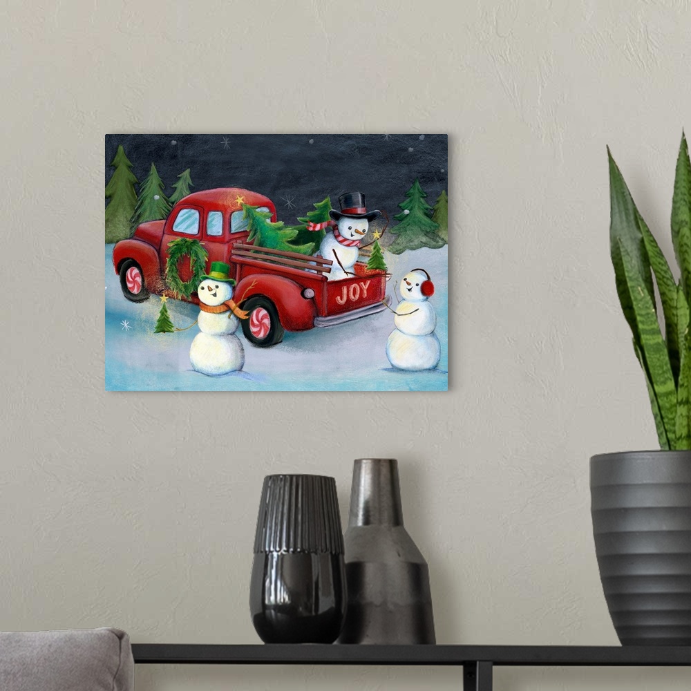 A modern room featuring A delightful design of snowmen getting Christmas trees from a truck.