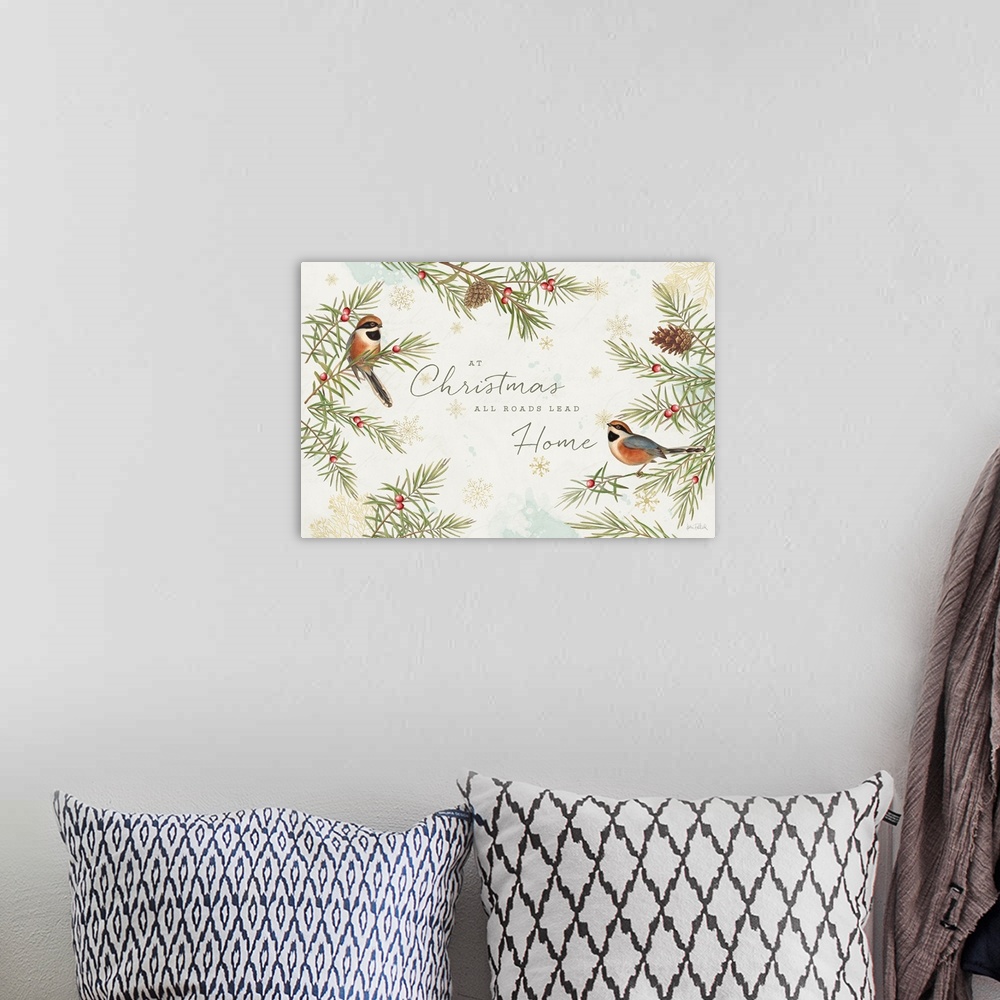A bohemian room featuring "At Christmas All roads Lead Home" seasonal decor with birds in pine trees.