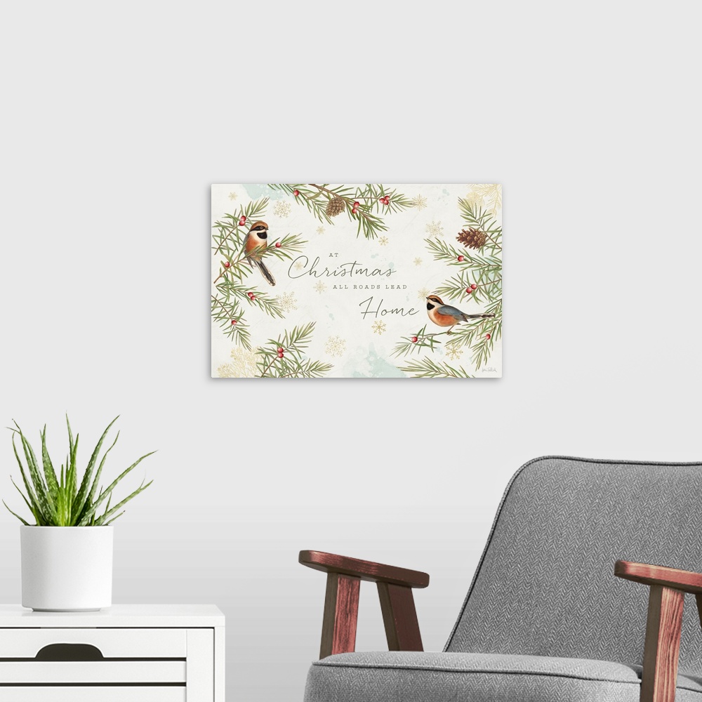 A modern room featuring "At Christmas All roads Lead Home" seasonal decor with birds in pine trees.