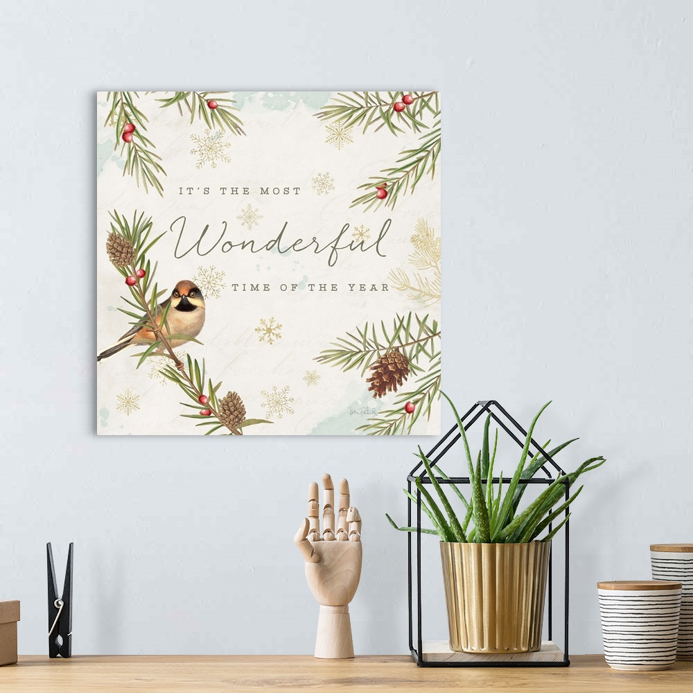 A bohemian room featuring A square holiday design of a bird perched on a pine branch with the text "It's The Most Wonderful...