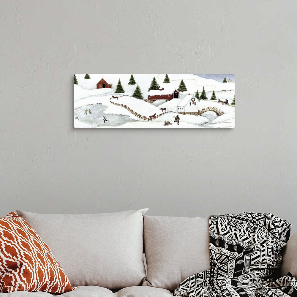 A bohemian room featuring Contemporary painting of an idyllic winter scene.