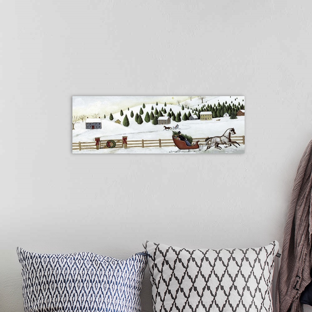 A bohemian room featuring Contemporary painting of an idyllic winter scene with a horse drawn sleigh in the foreground.