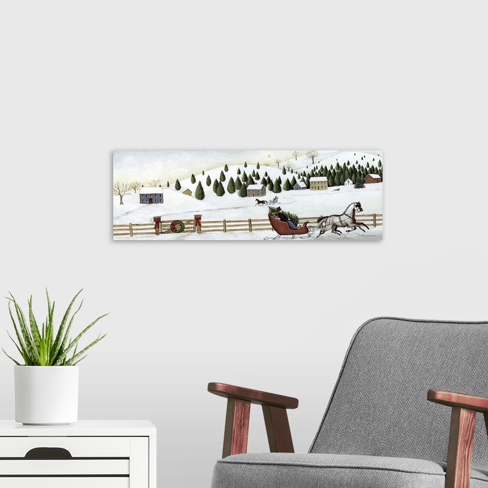 A modern room featuring Contemporary painting of an idyllic winter scene with a horse drawn sleigh in the foreground.