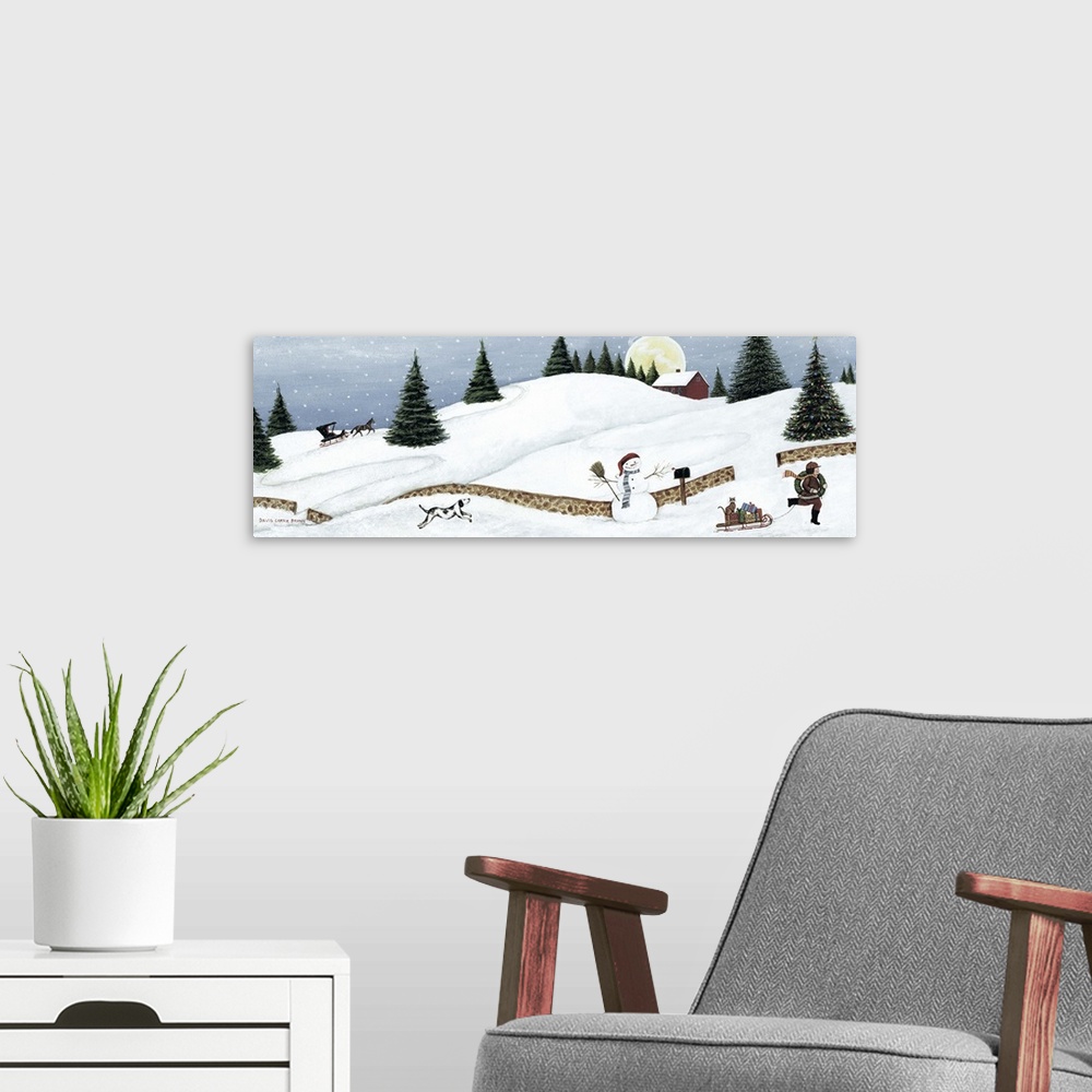 A modern room featuring Contemporary painting of an idyllic winter scene with a full moon rising up over the horizon.