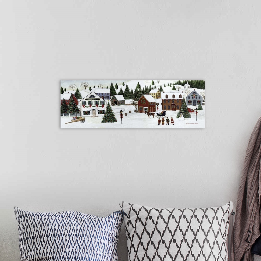 A bohemian room featuring Contemporary painting of an idyllic winter scene of small rural town during Christmas.