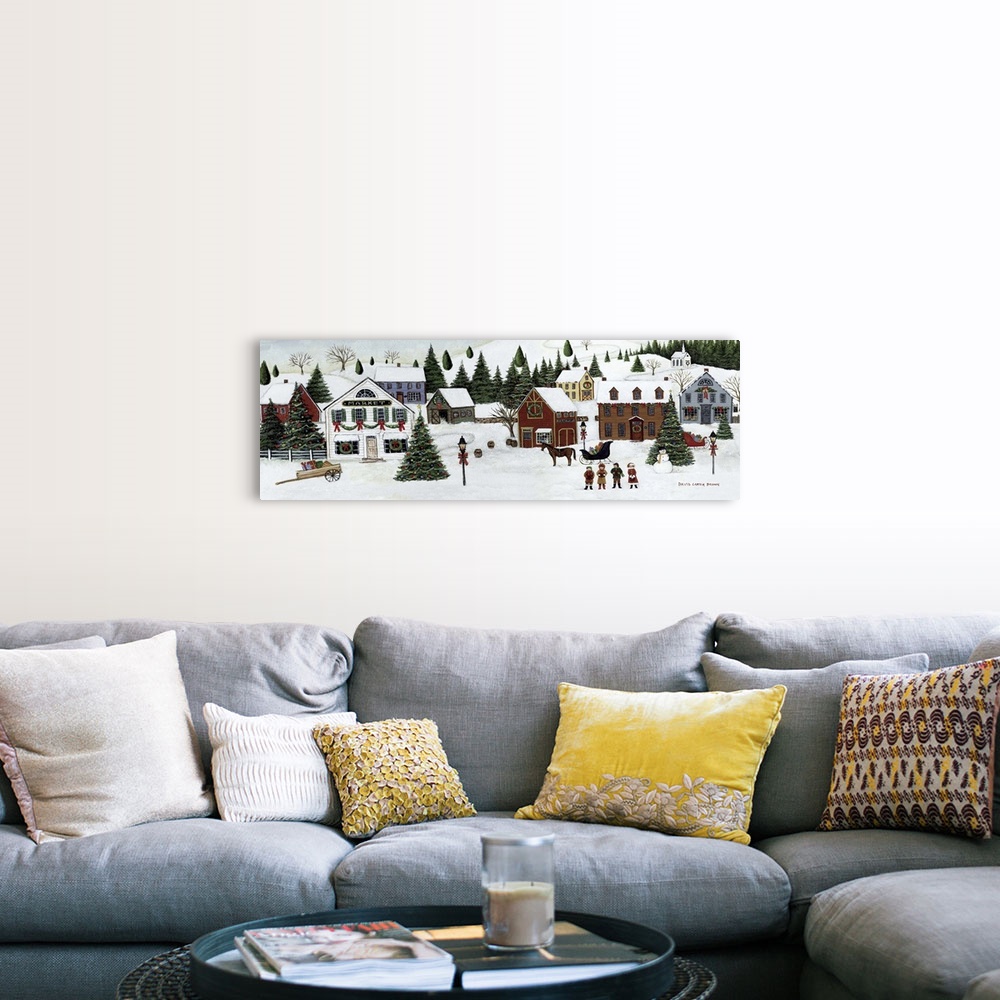 A farmhouse room featuring Contemporary painting of an idyllic winter scene of small rural town during Christmas.