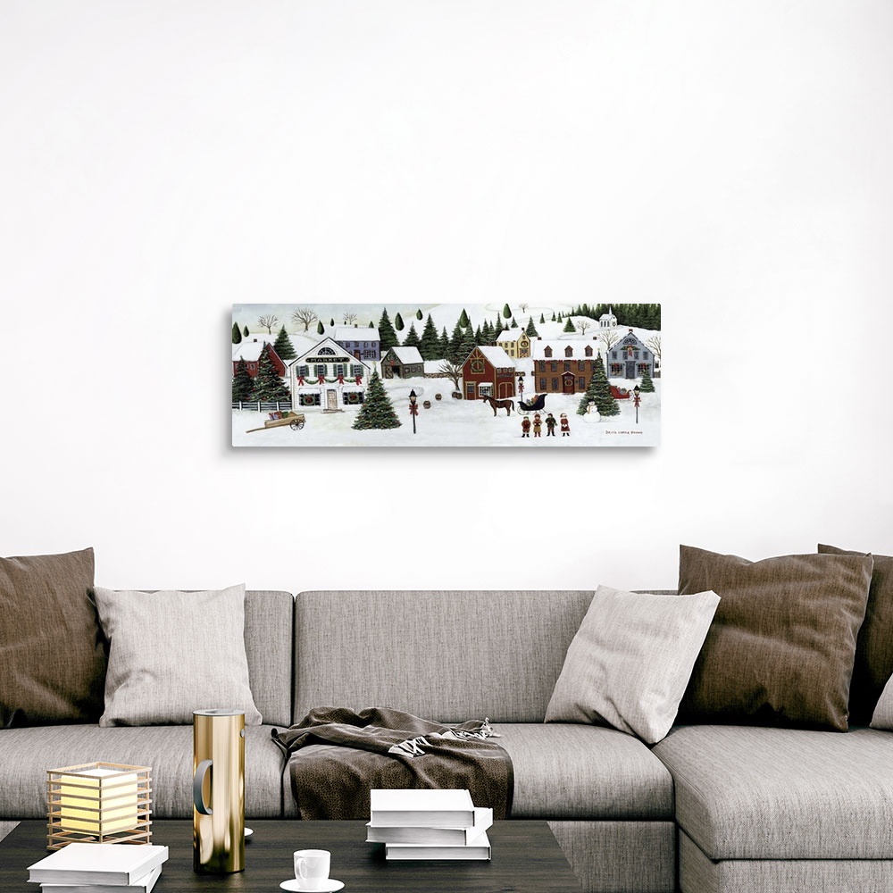 A traditional room featuring Contemporary painting of an idyllic winter scene of small rural town during Christmas.