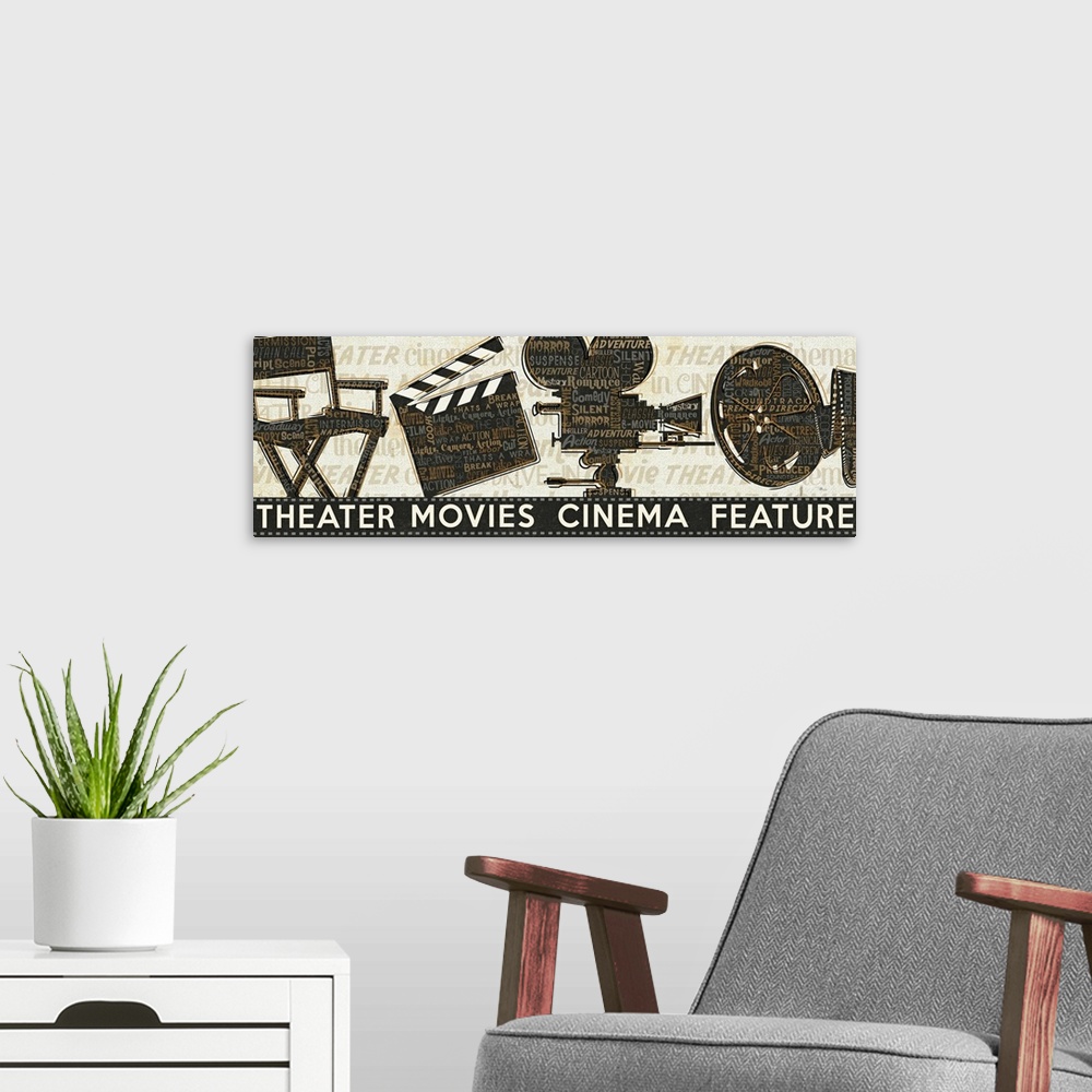 A modern room featuring Landscape, giant wall hanging of movie related imagery, including the silhouettes of a directors ...