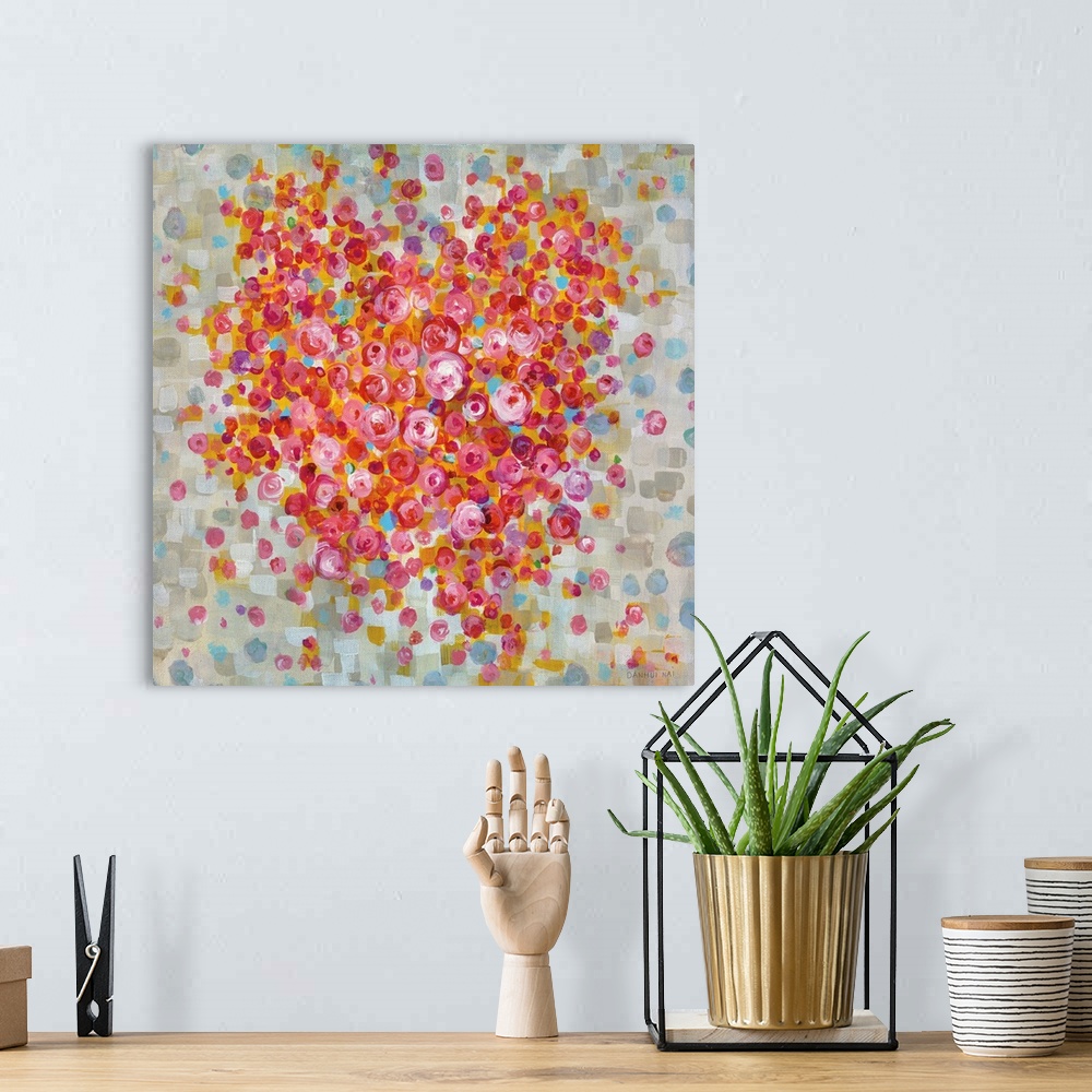A bohemian room featuring A square abstract painting in the shape of a heart composed of multi-color dots and square shapes.