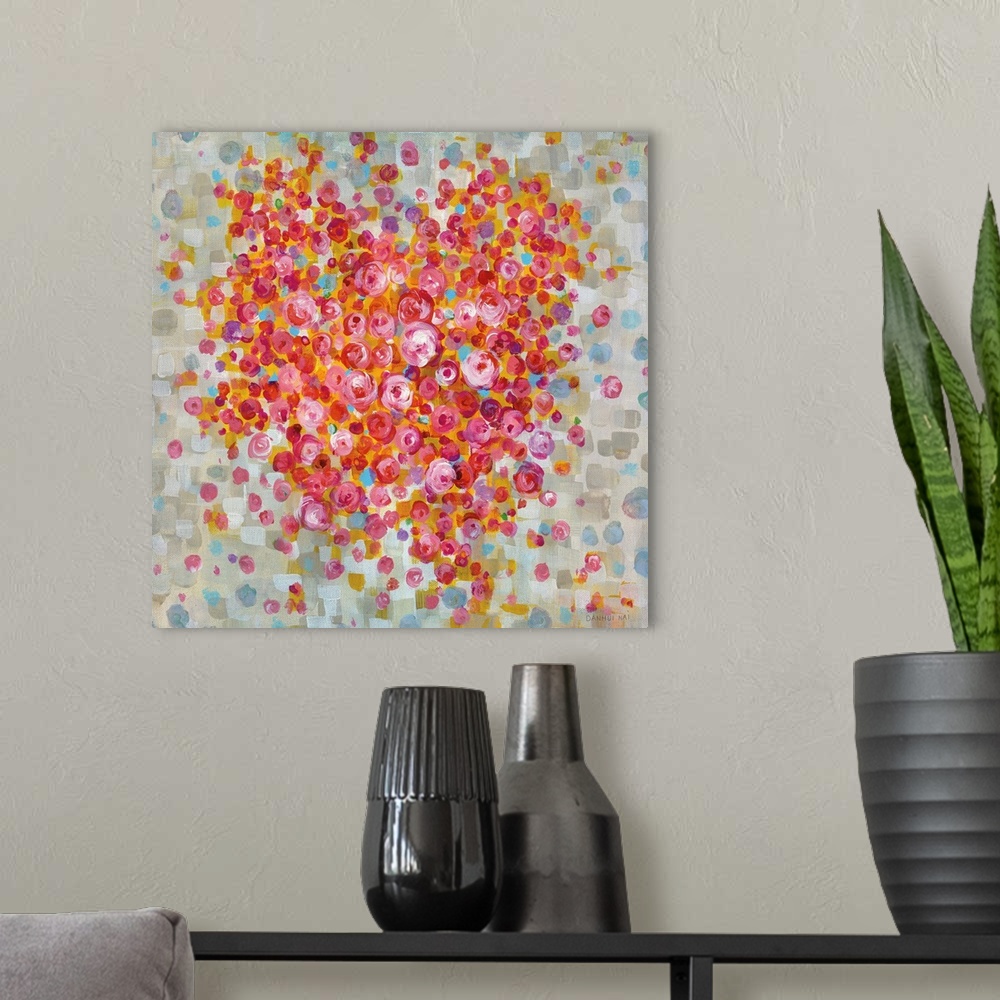 A modern room featuring A square abstract painting in the shape of a heart composed of multi-color dots and square shapes.